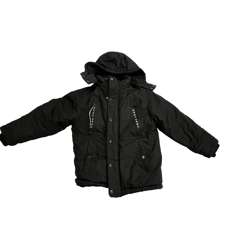 DKNY Heavy Puffer Parka Jacket Black S (8)  Youth Detachable Hood Coat Waterprof